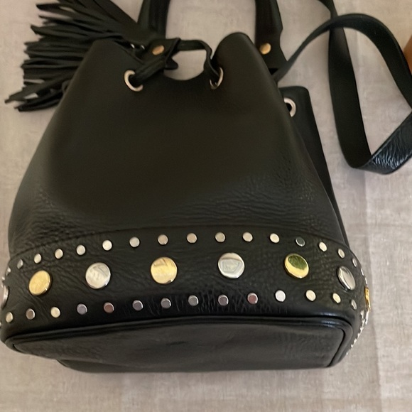 SANDRO Paris Alane Black Studs Pebble Leather Bucket Bag Tassel - Picture 9 of 12